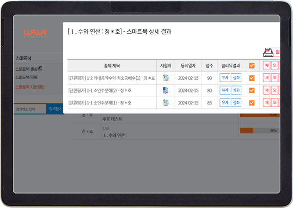 수학 단원별 평가 결과와 유사·심화 클리닉을 확인하는 프로그램 화면